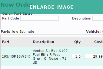 MAM Autowork Online tyre ordering screen