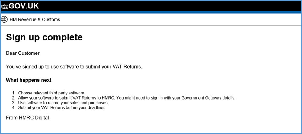 Making Tax Digital - HMRC - Signup Complete